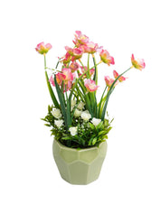 Stylish Pink & Green Artificial Flower With Pot - 10 X 10 X 22Cm - MARKET 99