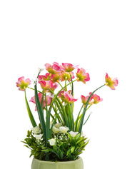 Stylish Pink & Green Artificial Flower With Pot - 10 X 10 X 22Cm - MARKET 99