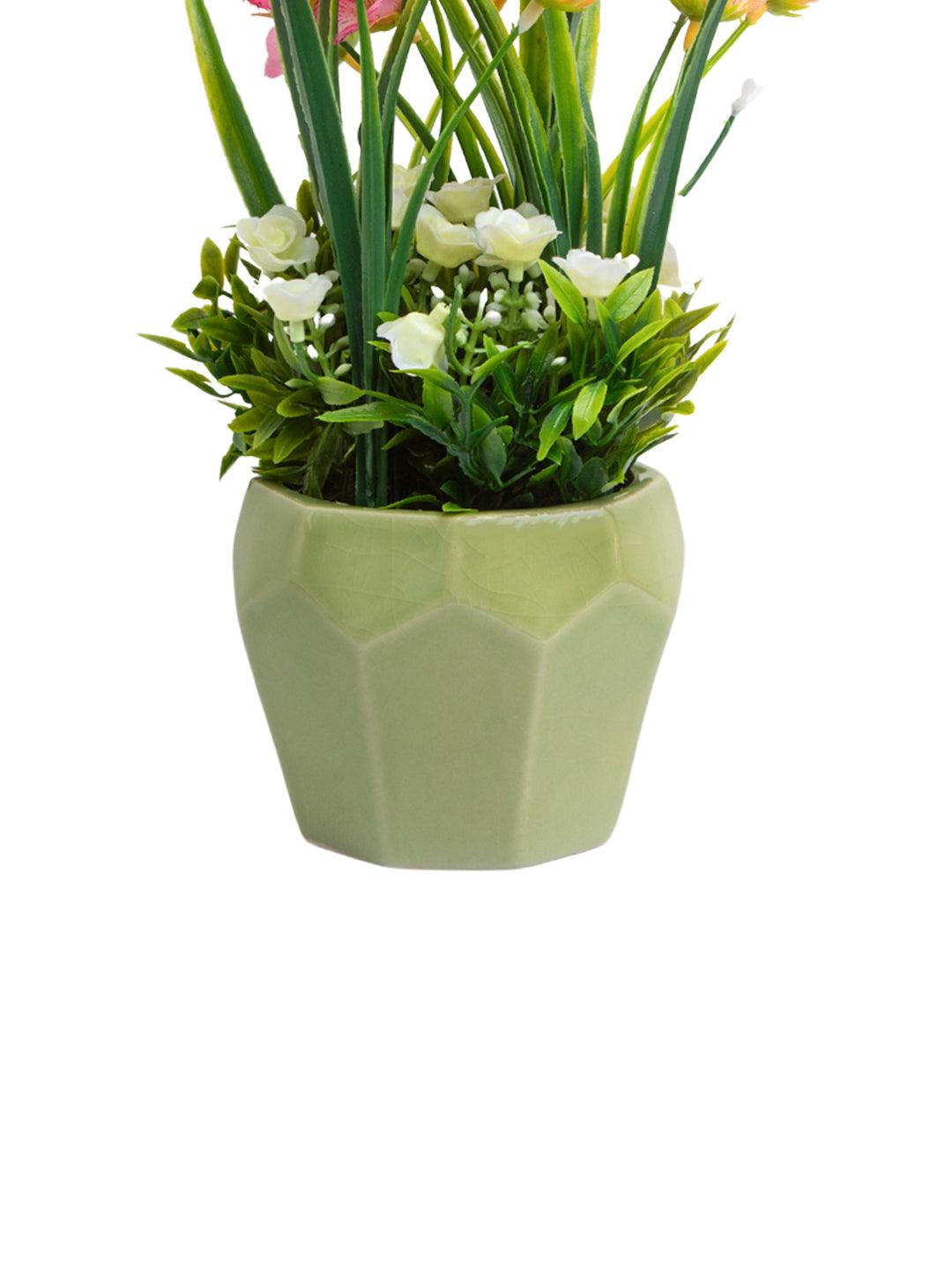 Stylish Pink & Green Artificial Flower With Pot - 10 X 10 X 22Cm - MARKET 99