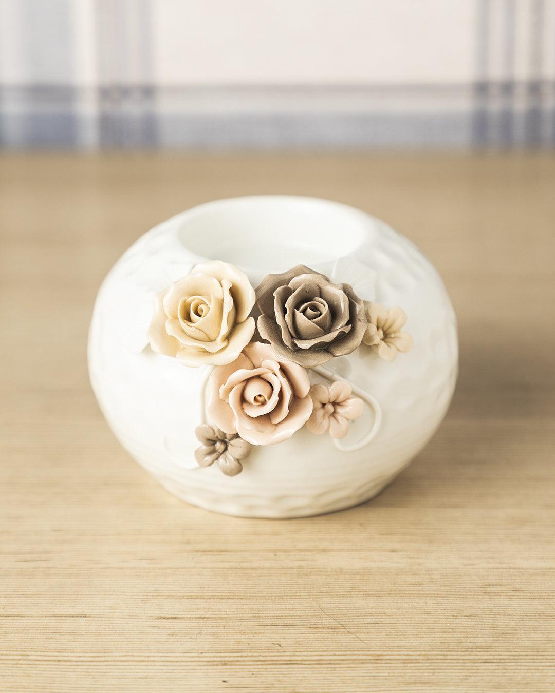 T-Light Holder, Flower Design, White, Ceramic - MARKET 99