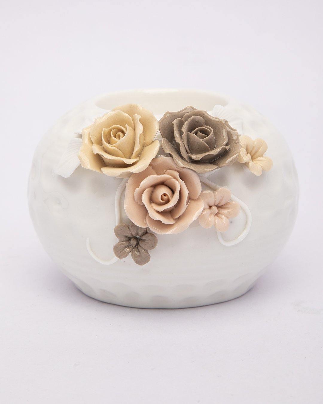 T-Light Holder, Flower Design, White, Ceramic - MARKET 99