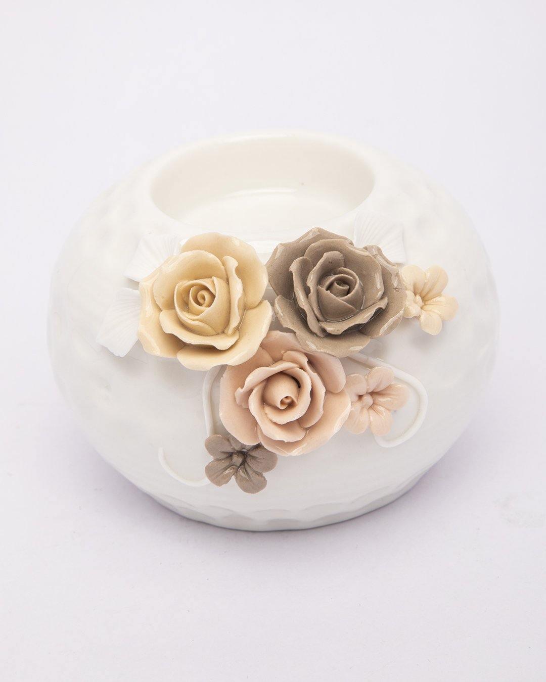 T-Light Holder, Flower Design, White, Ceramic - MARKET 99