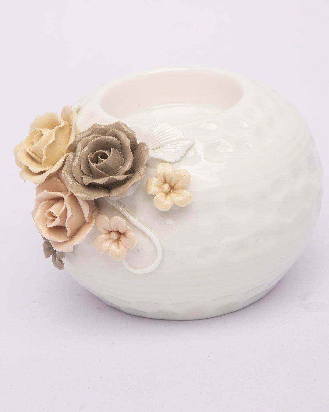 T-Light Holder, Flower Design, White, Ceramic - MARKET 99