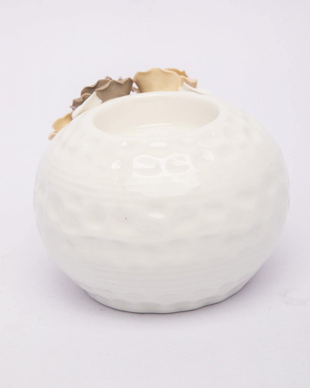 T-Light Holder, Flower Design, White, Ceramic - MARKET 99