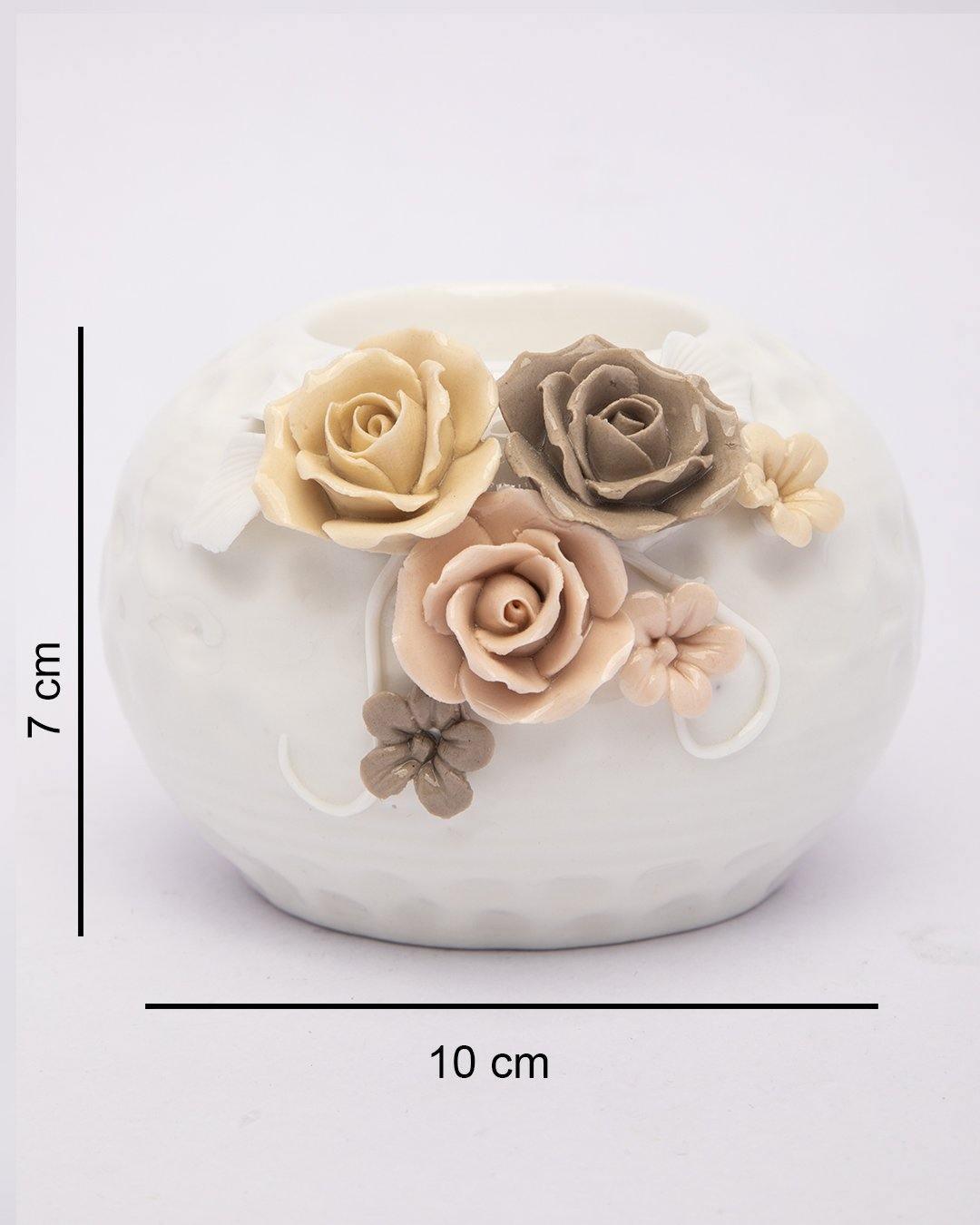 T-Light Holder, Flower Design, White, Ceramic - MARKET 99