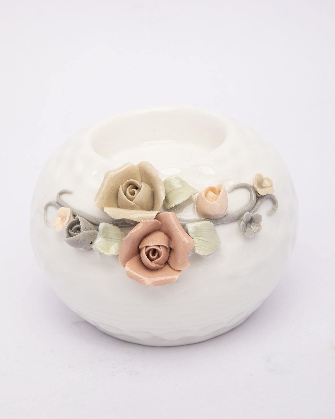 T-Light Holder, Flower Design, White, Ceramic - MARKET 99