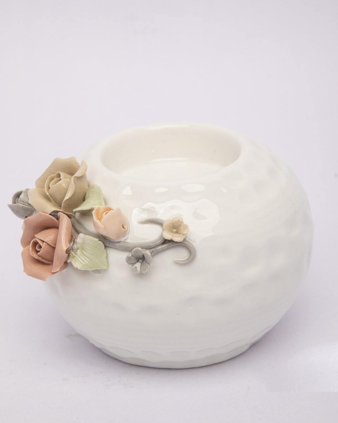 T-Light Holder, Flower Design, White, Ceramic - MARKET 99