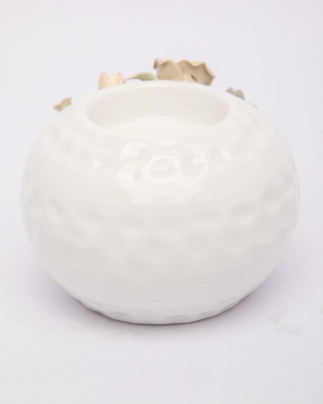 T-Light Holder, Flower Design, White, Ceramic - MARKET 99