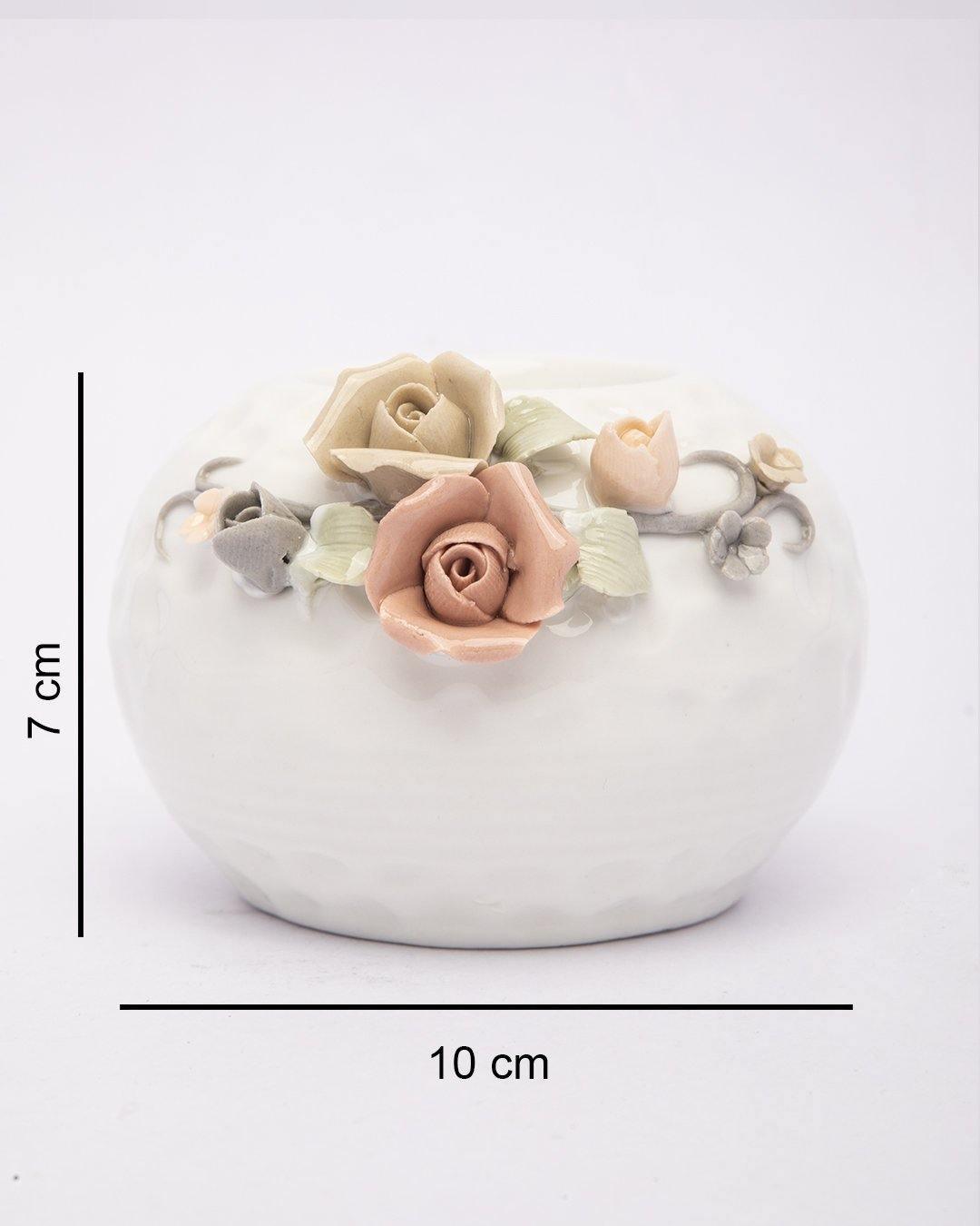 T-Light Holder, Flower Design, White, Ceramic - MARKET 99