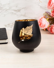 T-light Holder, Golden Leaf Pattern, Black, Glass - MARKET 99