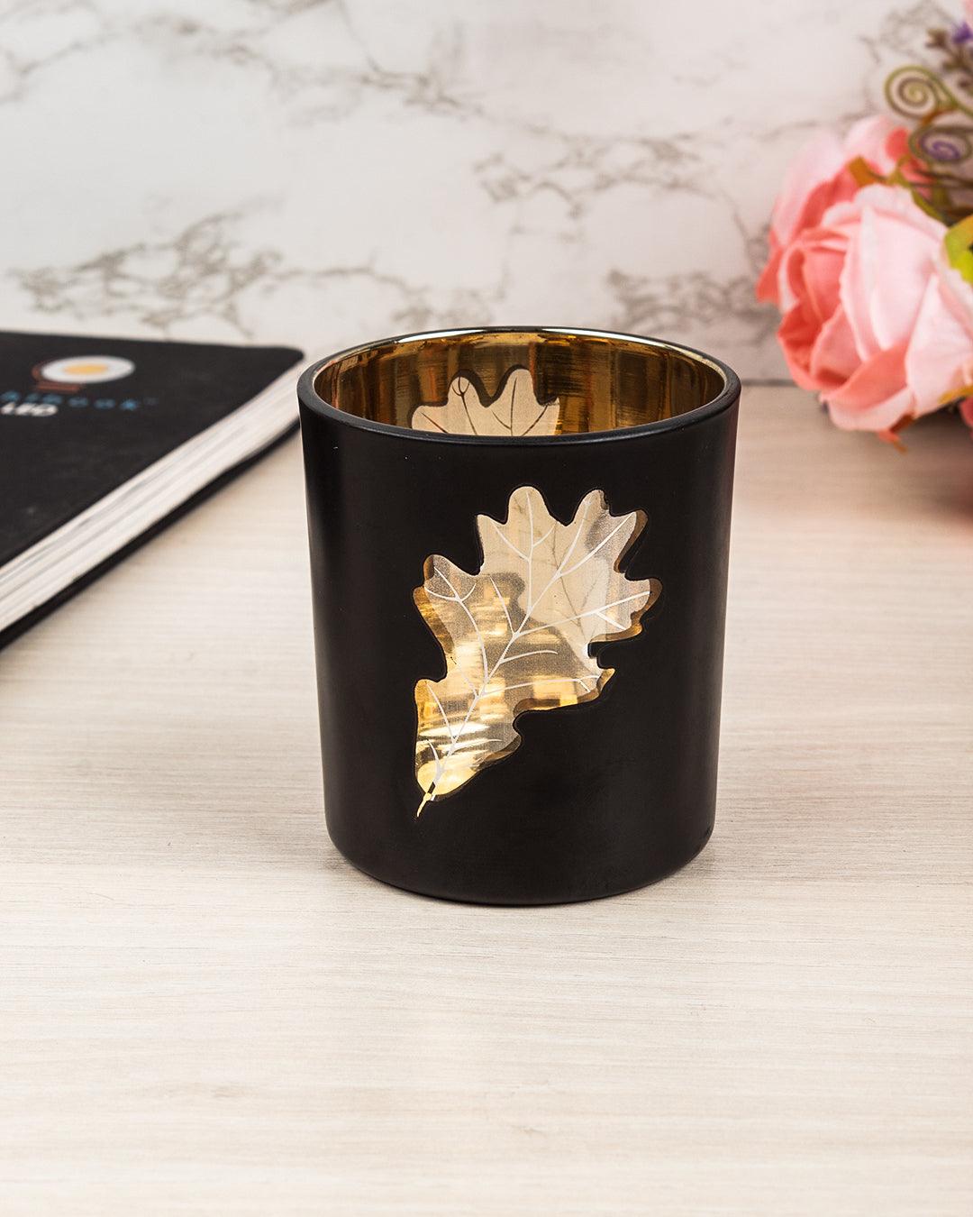 T-light Holder, Golden Leaf Pattern, Black, Glass - MARKET 99