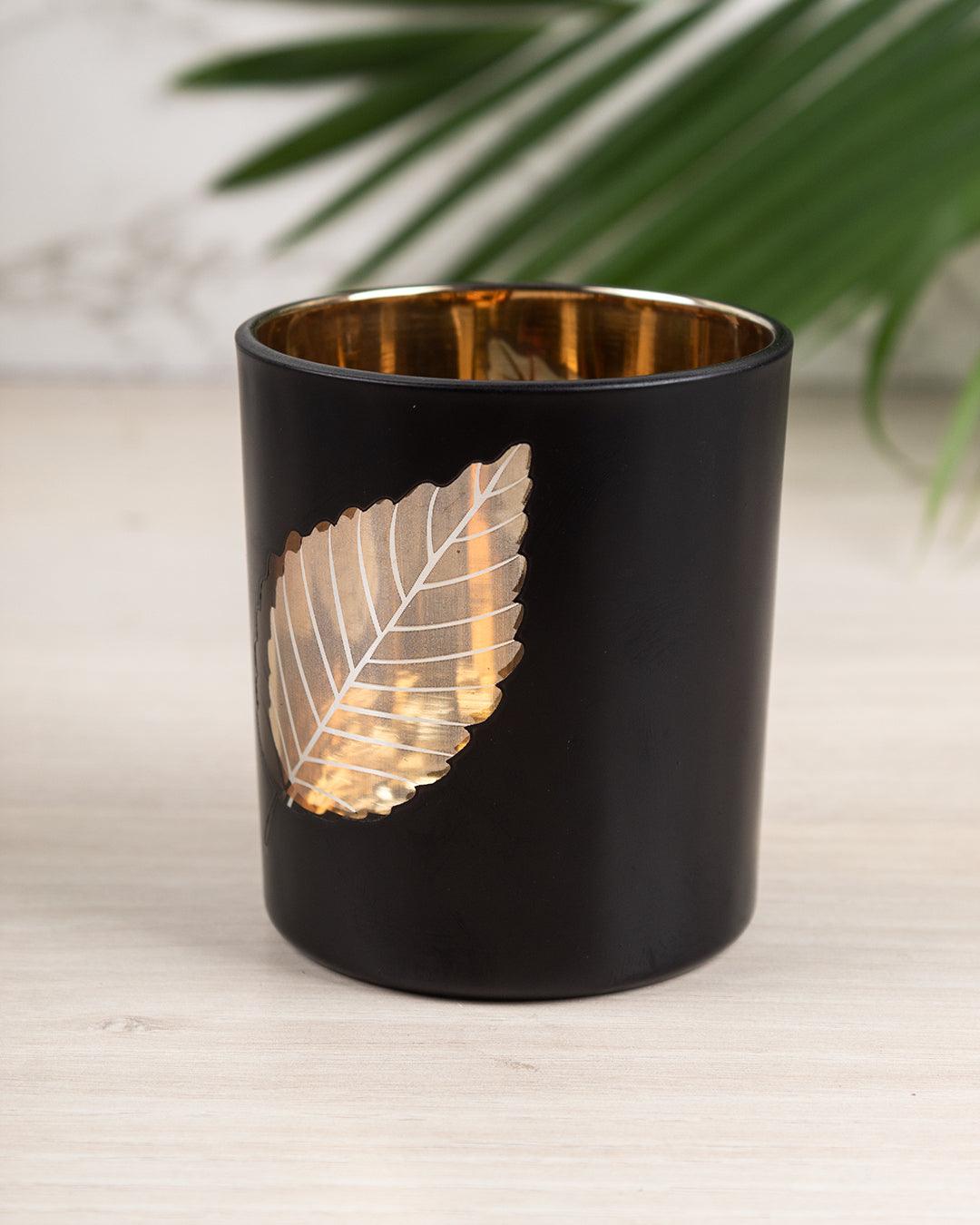 T-light Holder, Golden Leaf Pattern, Black, Glass - MARKET 99