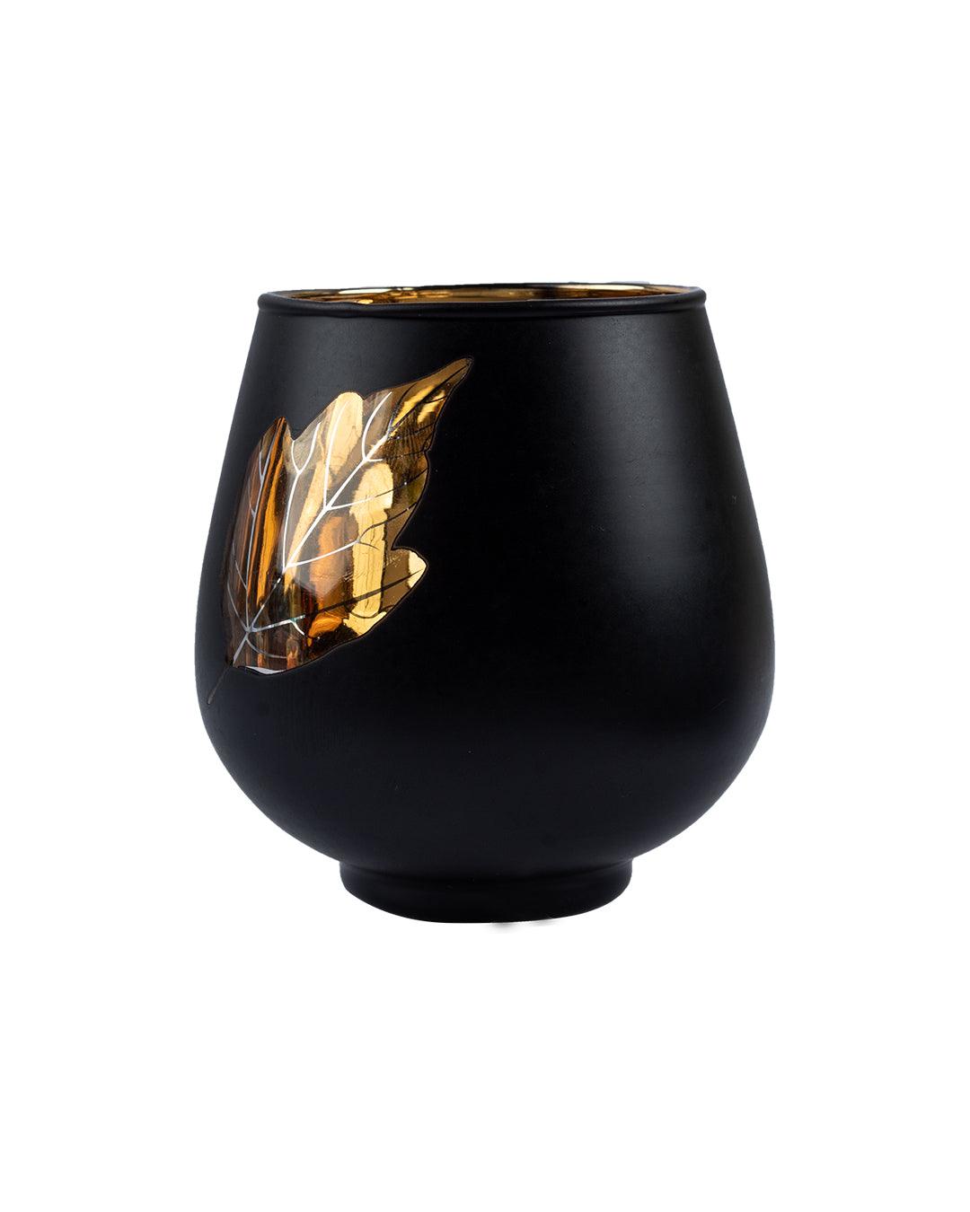 T-light Holder, Golden Leaf Pattern, Black, Glass - MARKET 99