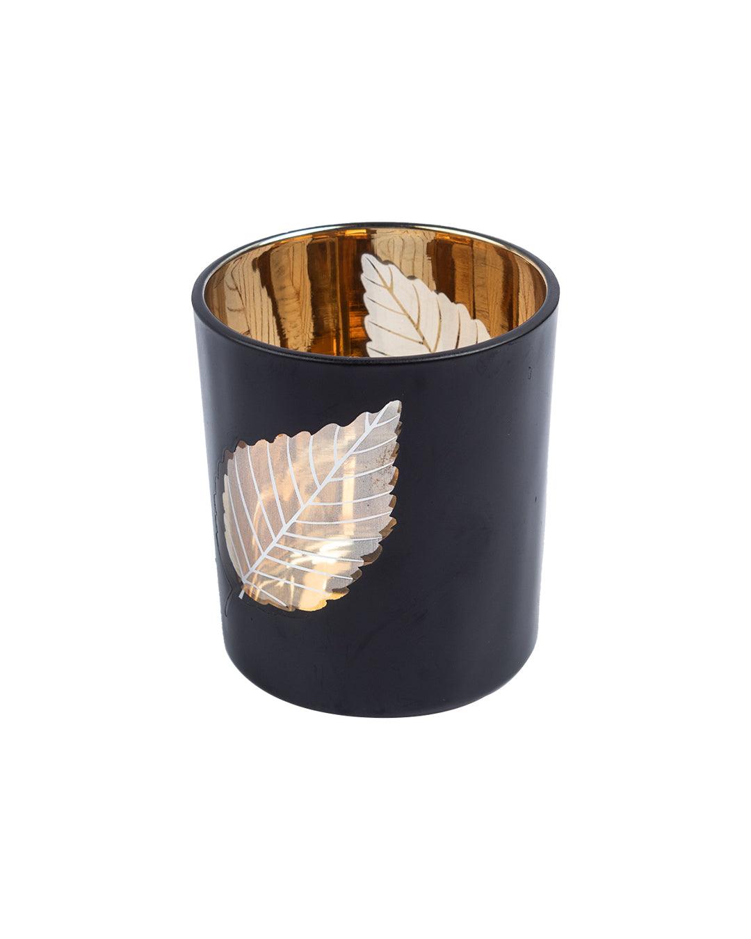 T-light Holder, Golden Leaf Pattern, Black, Glass - MARKET 99