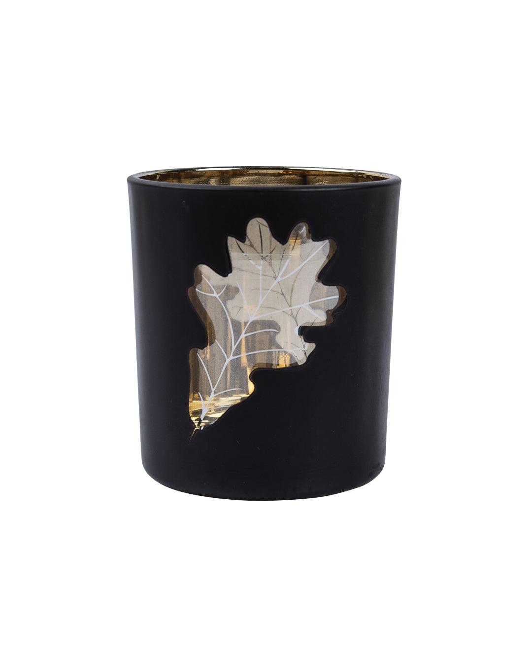 T-light Holder, Golden Leaf Pattern, Black, Glass - MARKET 99