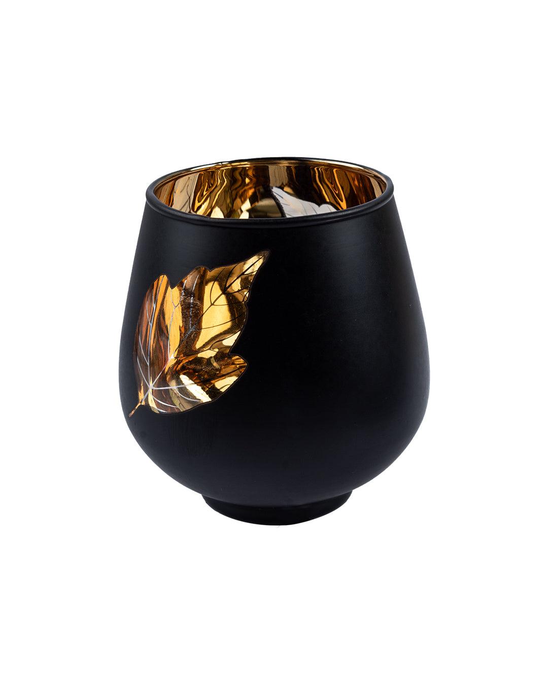 T-light Holder, Golden Leaf Pattern, Black, Glass - MARKET 99