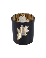 T-light Holder, Golden Leaf Pattern, Black, Glass - MARKET 99