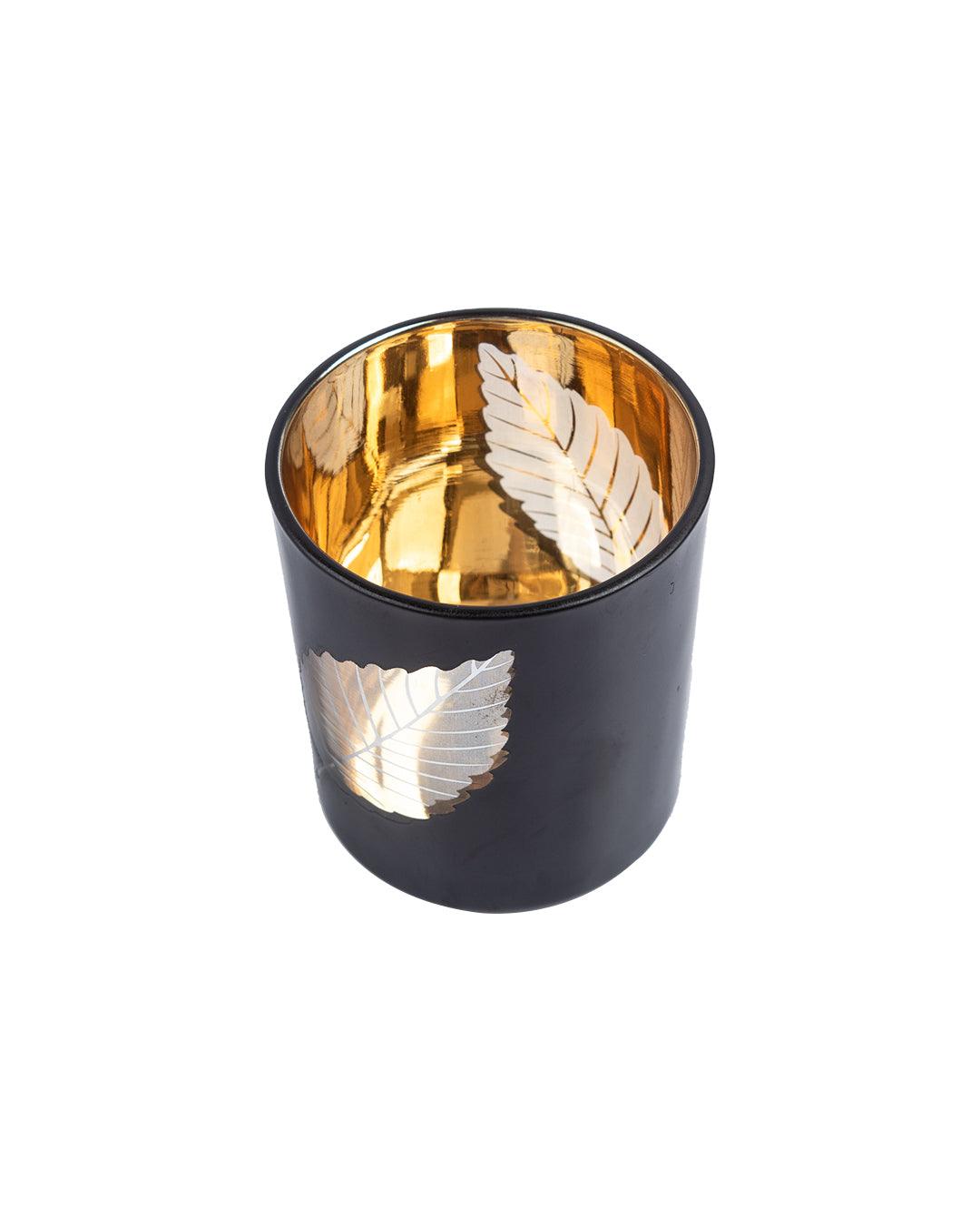 T-light Holder, Golden Leaf Pattern, Black, Glass - MARKET 99