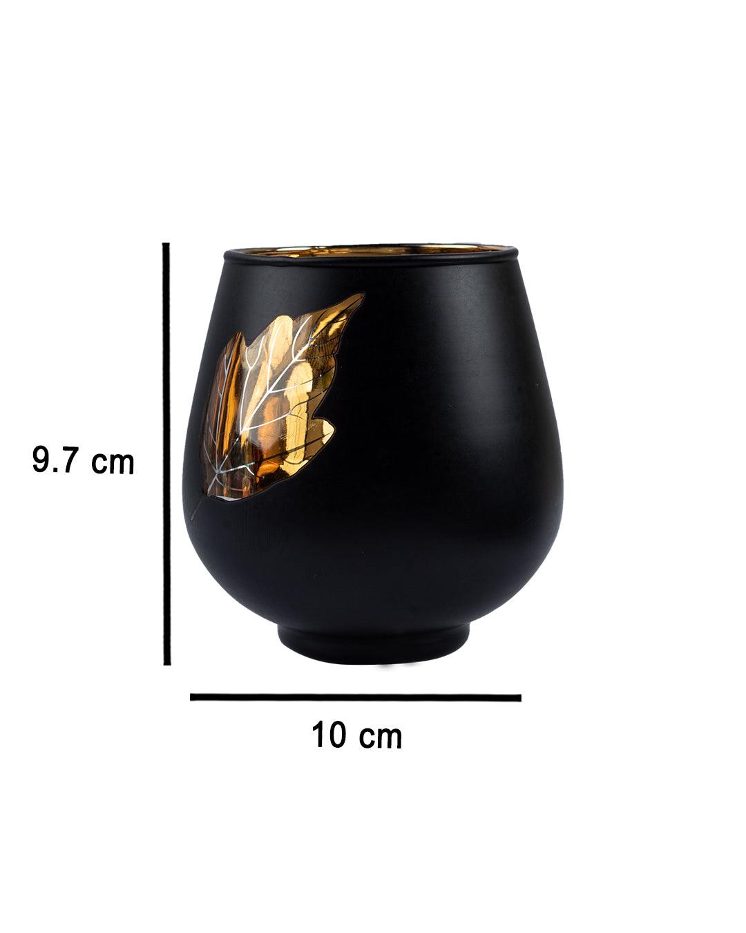 T-light Holder, Golden Leaf Pattern, Black, Glass - MARKET 99