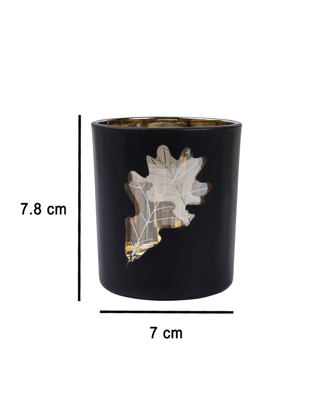 T-light Holder, Golden Leaf Pattern, Black, Glass - MARKET 99