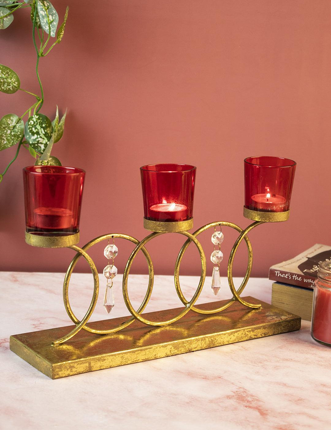 T-light Holder, with 3 Glass Votives, Red, Iron - MARKET 99