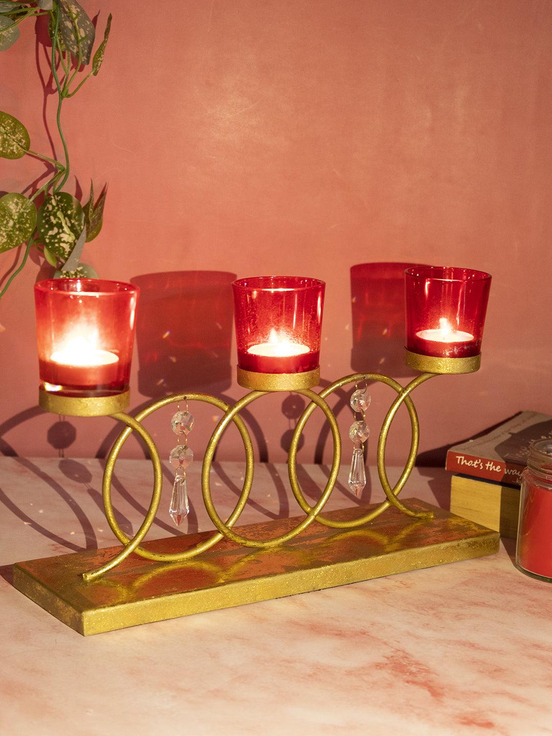 T-light Holder, with 3 Glass Votives, Red, Iron - MARKET 99