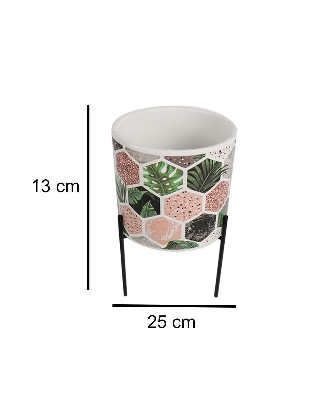 Table Planter with Stand, Botanical Design, Multicolor, Ceramic - MARKET 99
