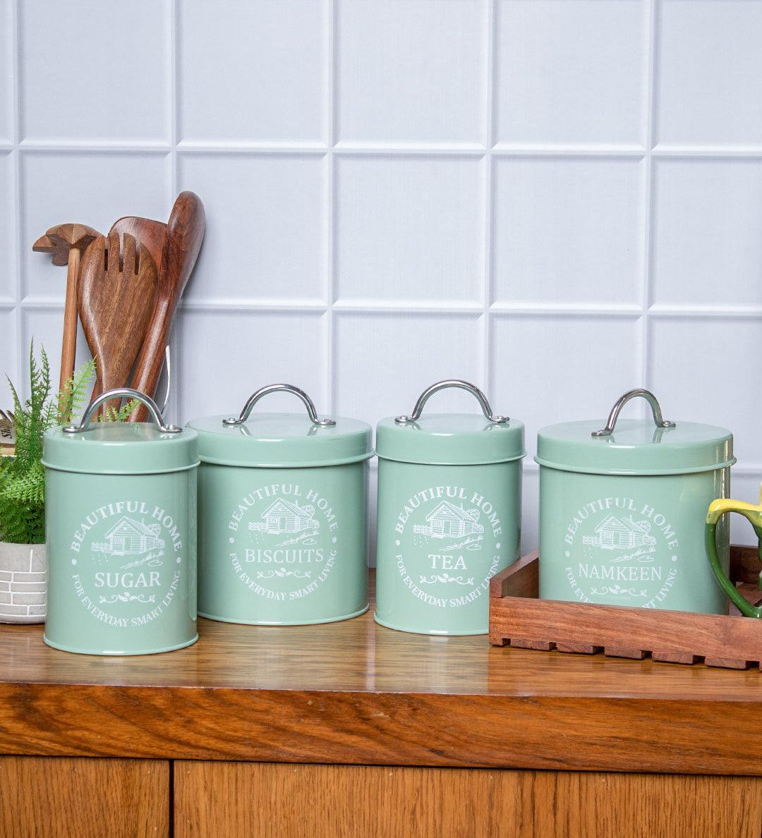 Tea & Sugar Jar (Each 850 Ml) + Biscuits & Namkeen Jar (Each 1300 Ml) - Green, Set Of 4 - MARKET 99