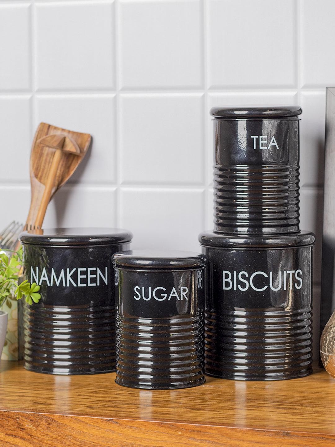 Tea & Sugar Jar (Each 900 Ml) + Biscuits & Namkeen Jar (Each 1700 Ml) - Black, Set Of 4 - MARKET 99