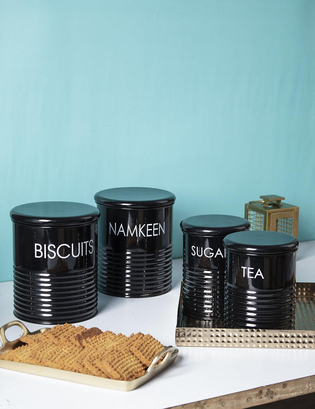 Tea & Sugar Jar (Each 900 Ml) +  Biscuits & Namkeen Jar (Each 1700 Ml) - Black, Set Of 4