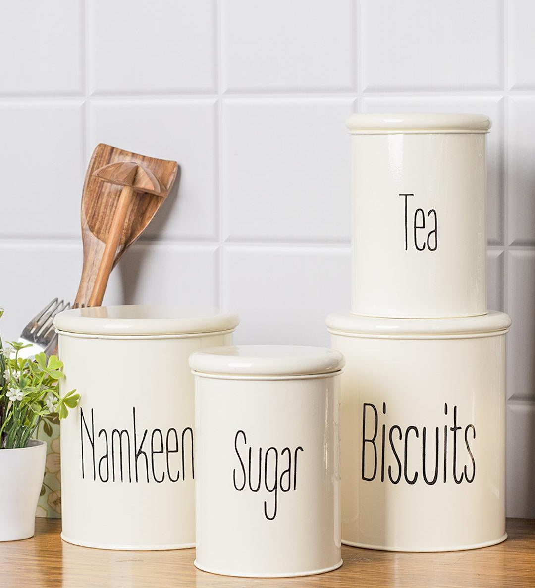 Tea & Sugar Jar (Each 900 Ml) + Biscuits & Namkeen Jar (Each 1700 Ml) - White, Set Of 4 - MARKET 99
