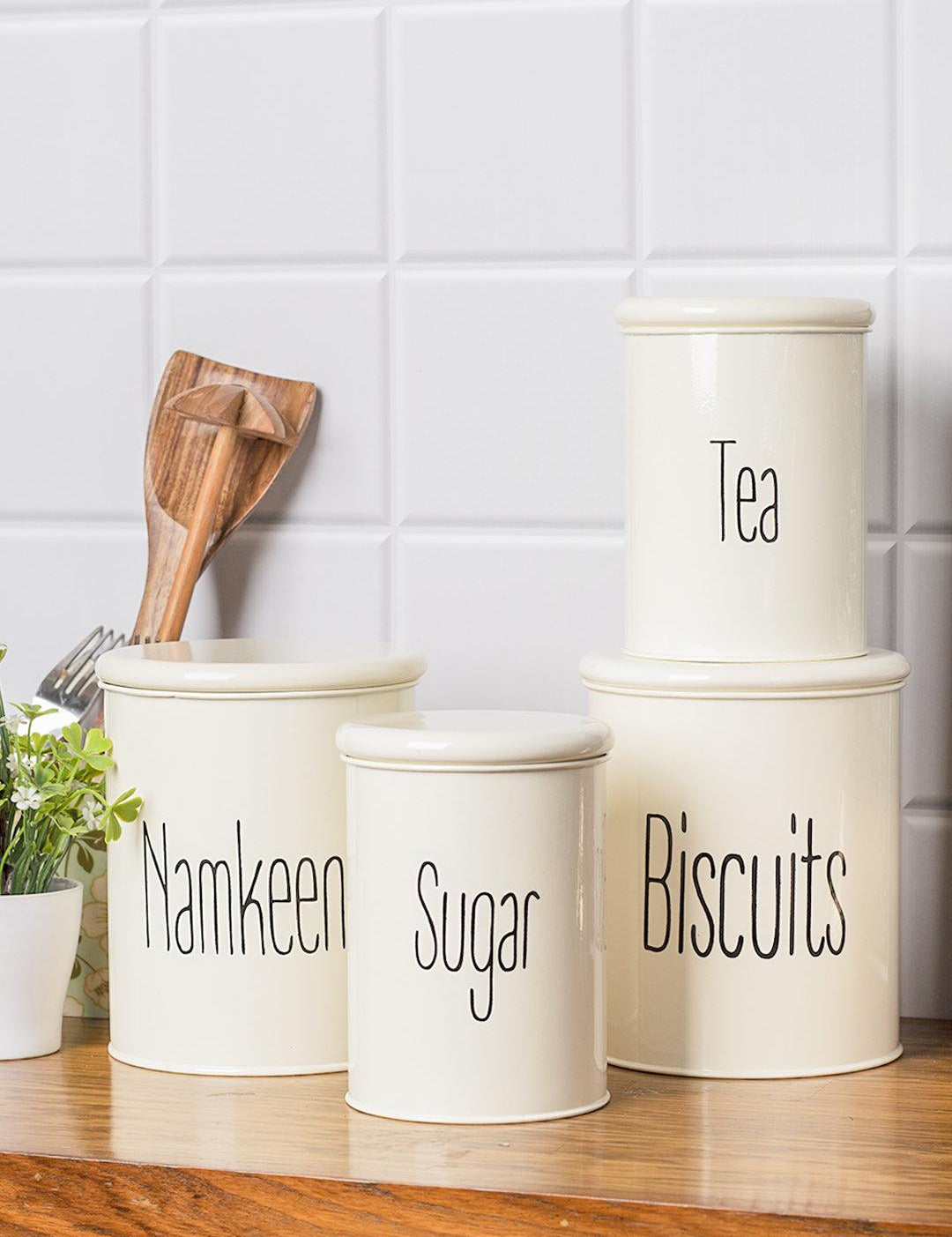 Tea & Sugar Jar (Each 900 Ml) + Biscuits & Namkeen Jar (Each 1700 Ml) - White, Set Of 4 - MARKET 99