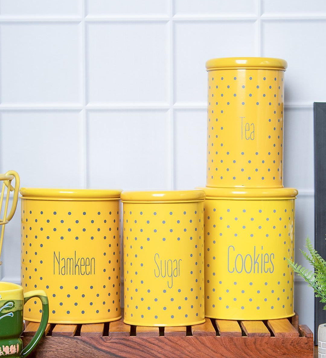 Tea & Sugar Jar (Each 900 Ml) + Cookie & Namkeen Jar (Each 1700 Ml) - Polka Dot Yellow, Set Of 4 - MARKET 99