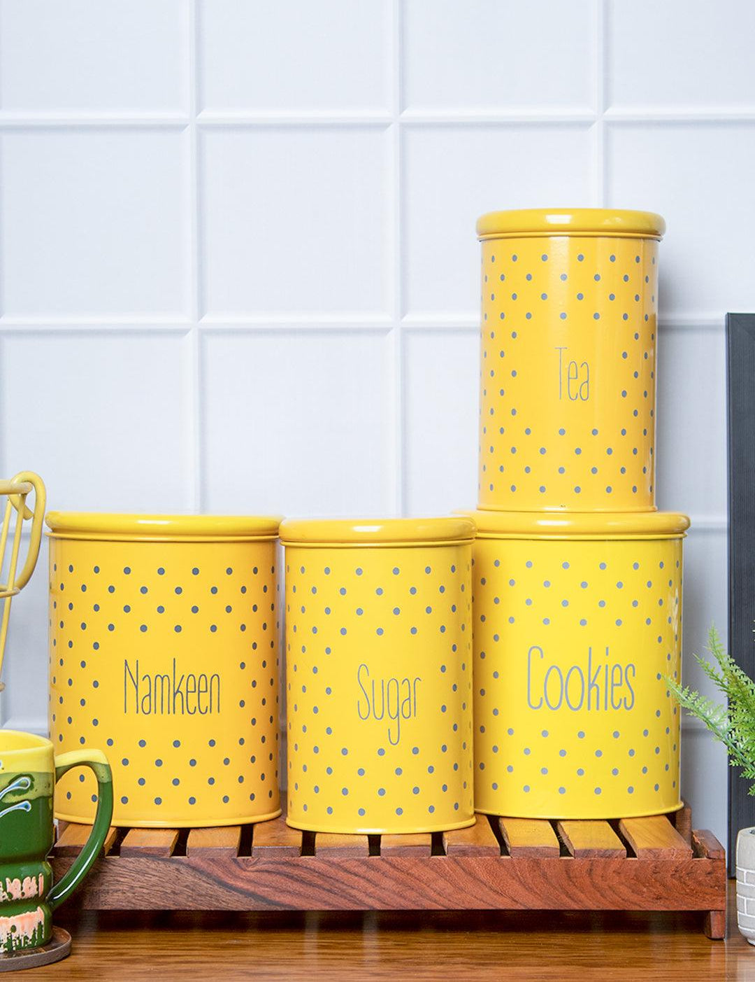 Tea & Sugar Jar (Each 900 Ml) + Cookie & Namkeen Jar (Each 1700 Ml) - Polka Dot Yellow, Set Of 4 - MARKET 99