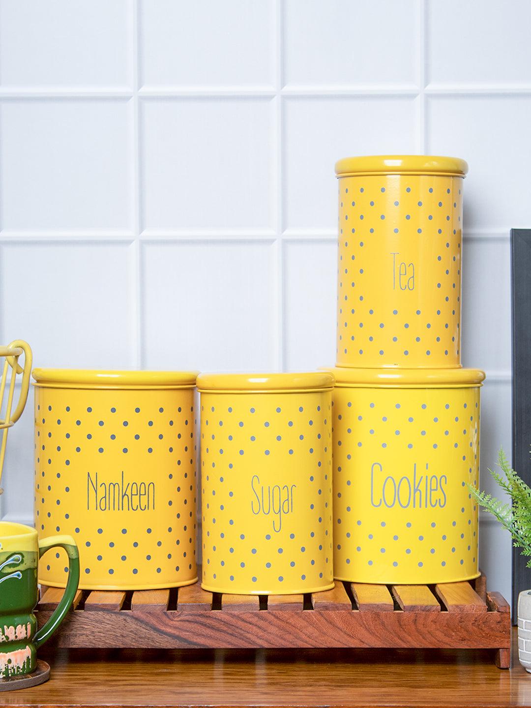 Tea & Sugar Jar (Each 900 Ml) + Cookie & Namkeen Jar (Each 1700 Ml) - Polka Dot Yellow, Set Of 4 - MARKET 99