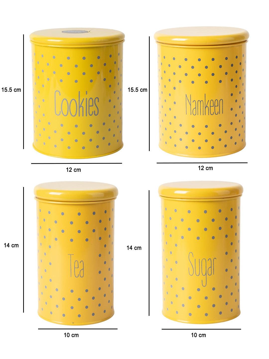 Tea & Sugar Jar (Each 900 Ml) + Cookie & Namkeen Jar (Each 1700 Ml) - Polka Dot Yellow, Set Of 4