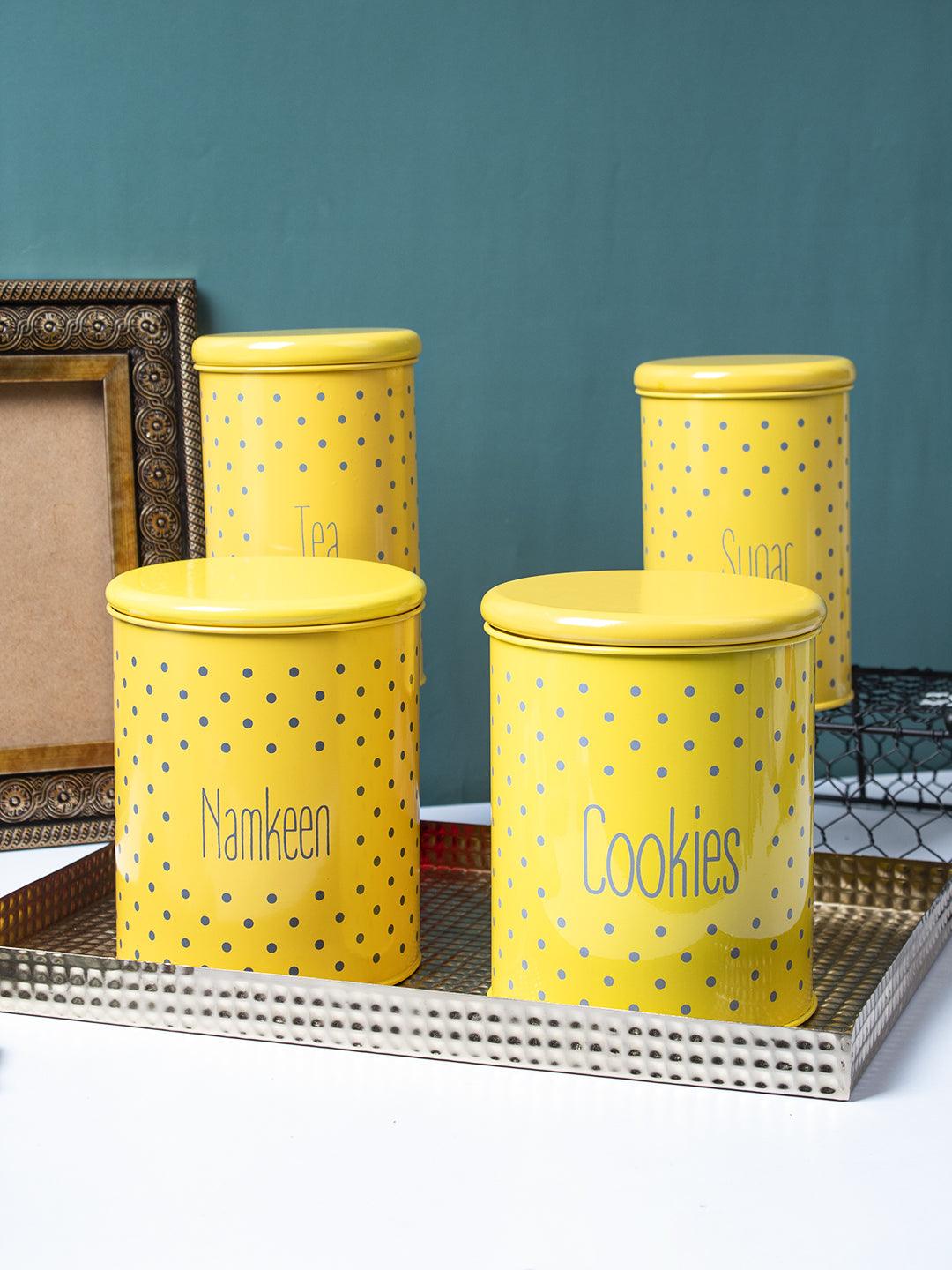 Tea & Sugar Jar (Each 900 Ml) + Cookie & Namkeen Jar (Each 1700 Ml) - Polka Dot Yellow, Set Of 4