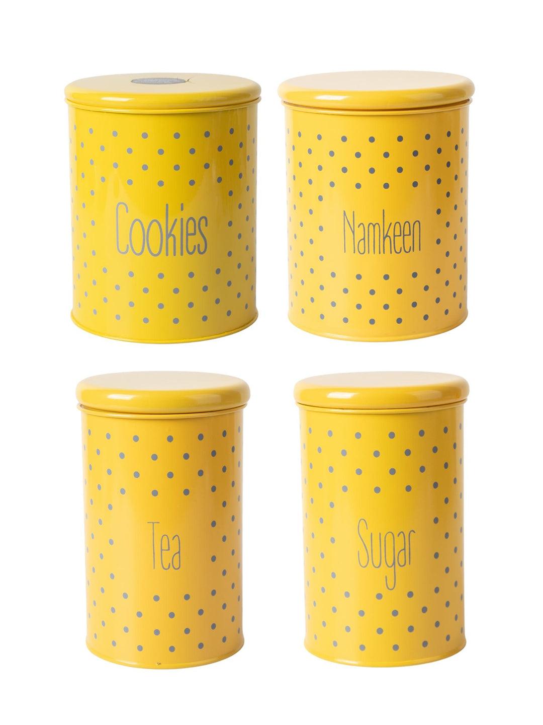 Tea & Sugar Jar (Each 900 Ml) + Cookie & Namkeen Jar (Each 1700 Ml) - Polka Dot Yellow, Set Of 4