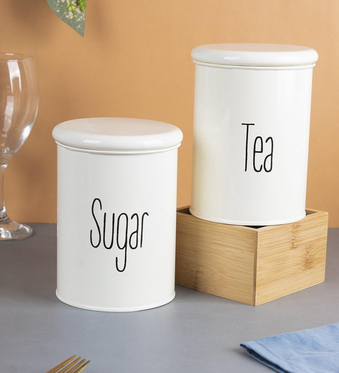 Tea & Sugar Jars - Set Of 2 (White, Each 900 mL) - MARKET 99