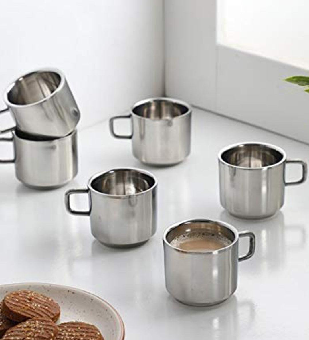 Tea Cups, Silver, Stainless Steel, Set of 6, 100 mL - MARKET 99