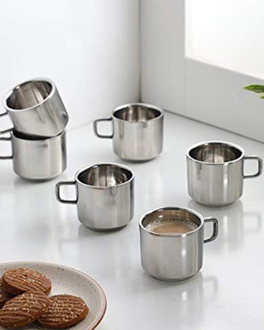 Tea Cups, Silver, Stainless Steel, Set of 6, 100 mL - MARKET 99