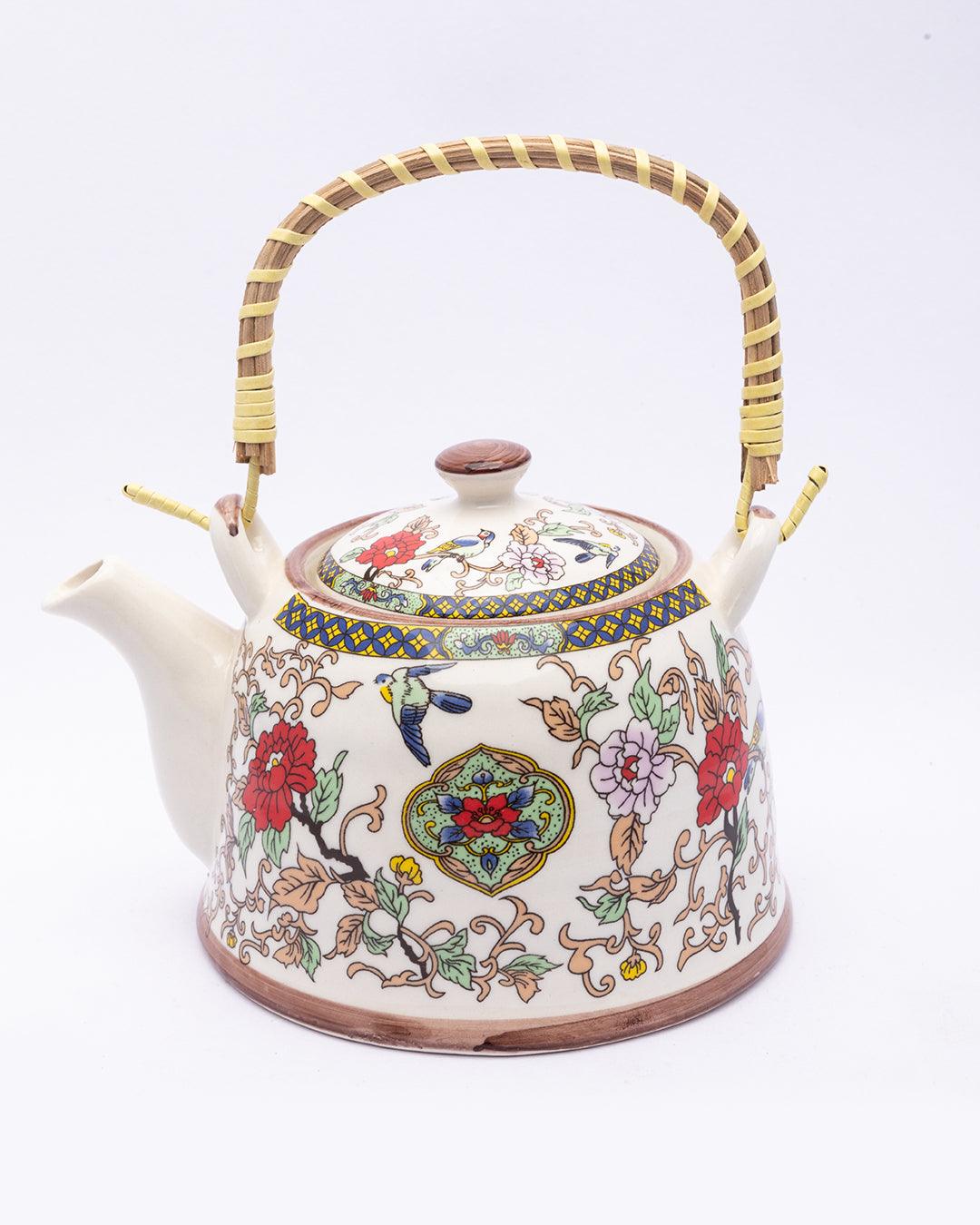 Teapot, with Steel Strainer, for Home & Office, Ancient Design Pattern, Multicolour, Ceramic, 1 Litre - MARKET 99