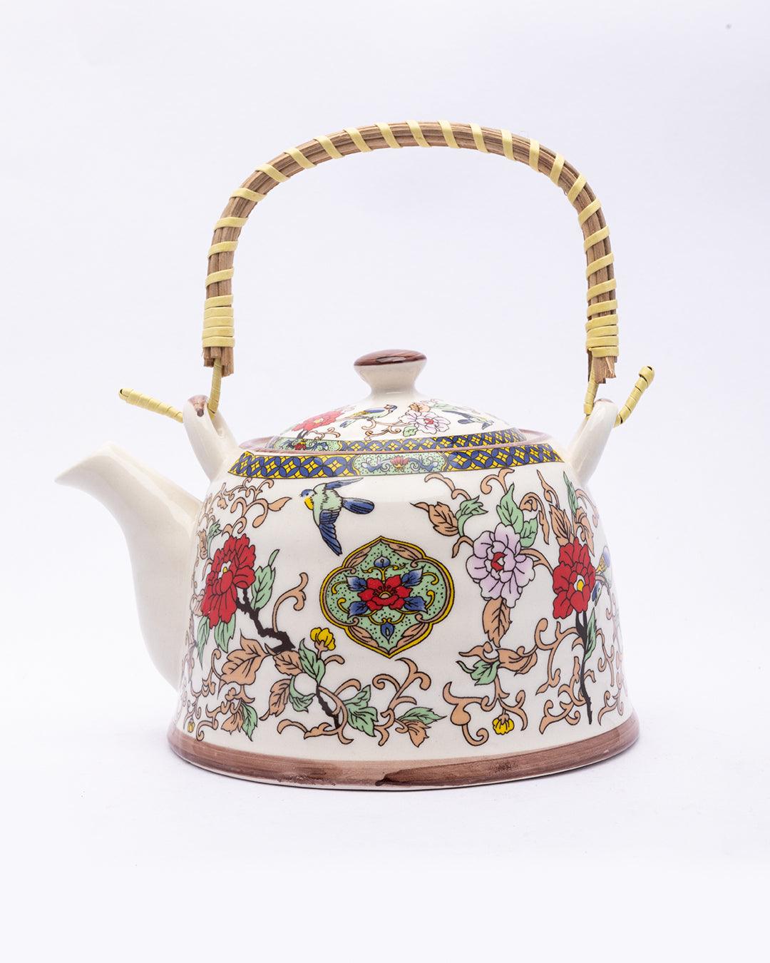 Teapot, with Steel Strainer, for Home & Office, Ancient Design Pattern, Multicolour, Ceramic, 1 Litre - MARKET 99