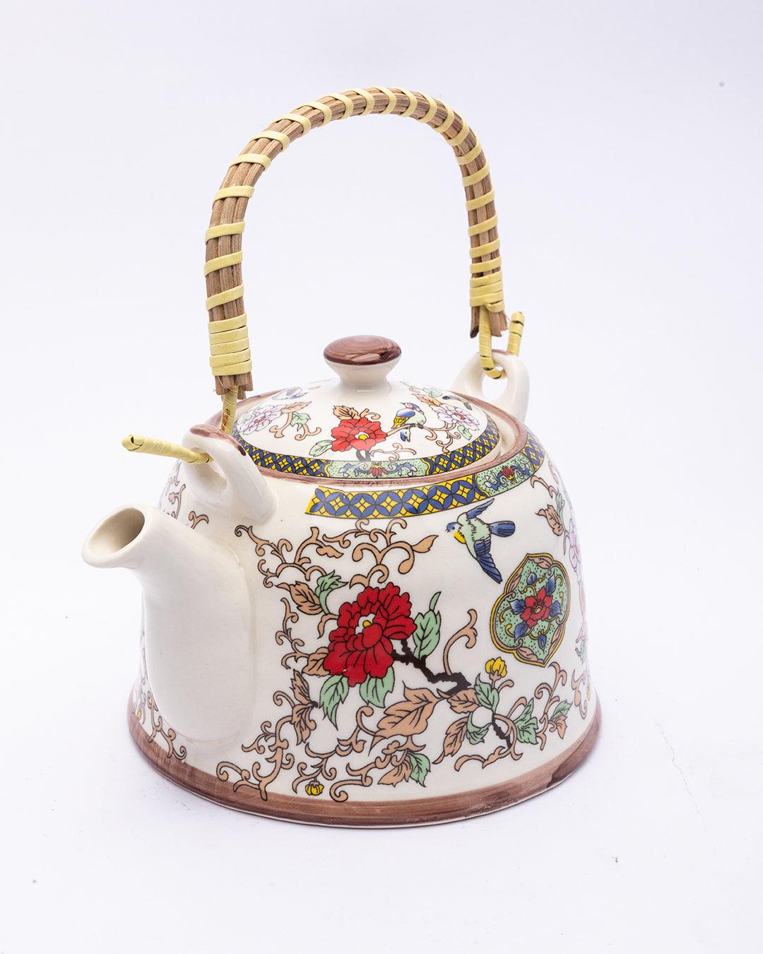 Teapot, with Steel Strainer, for Home & Office, Ancient Design Pattern, Multicolour, Ceramic, 1 Litre - MARKET 99