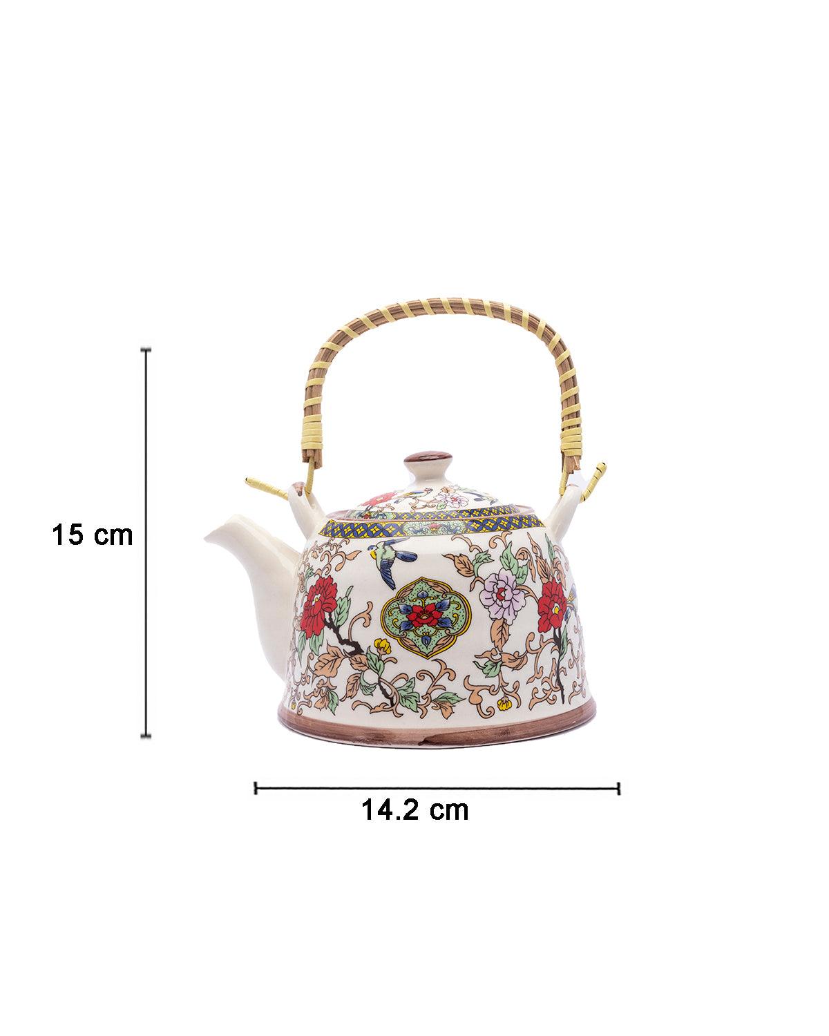 Teapot, with Steel Strainer, for Home & Office, Ancient Design Pattern, Multicolour, Ceramic, 1 Litre - MARKET 99