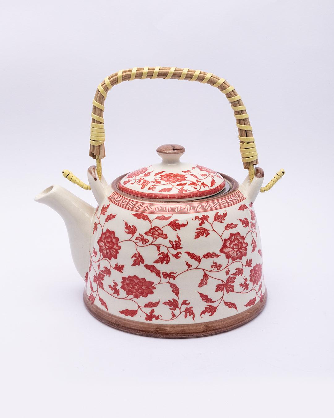 Teapot, with Steel Strainer, for Home & Office, Ancient Design Pattern, Red, Ceramic, 1 litre - MARKET 99