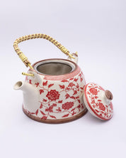 Teapot, with Steel Strainer, for Home & Office, Ancient Design Pattern, Red, Ceramic, 1 litre - MARKET 99