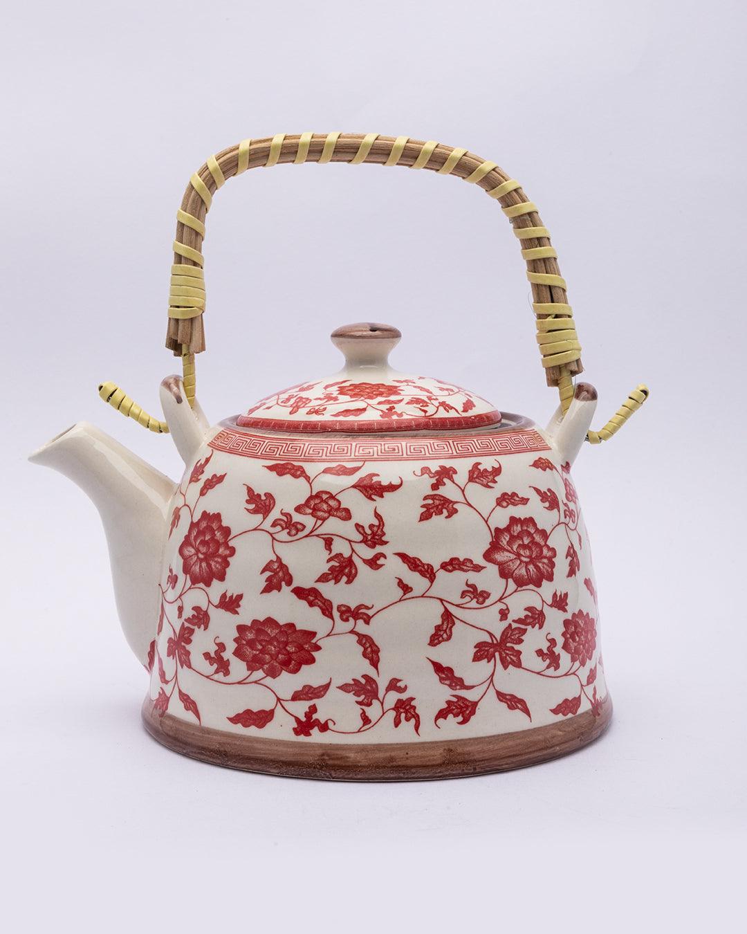 Teapot, with Steel Strainer, for Home & Office, Ancient Design Pattern, Red, Ceramic, 1 litre - MARKET 99