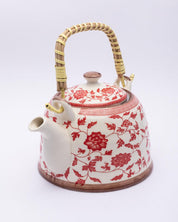 Teapot, with Steel Strainer, for Home & Office, Ancient Design Pattern, Red, Ceramic, 1 litre - MARKET 99