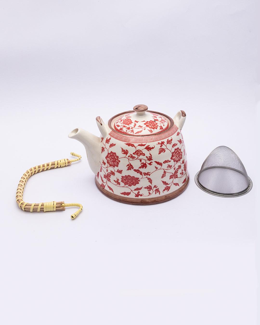 Teapot, with Steel Strainer, for Home & Office, Ancient Design Pattern, Red, Ceramic, 1 litre - MARKET 99